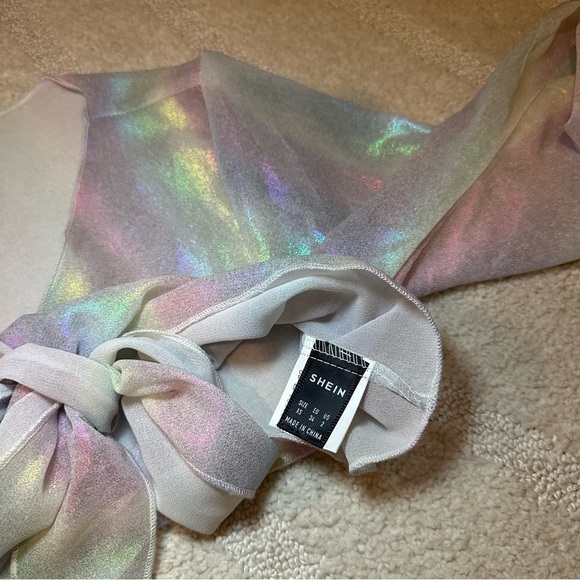 Shein Shimmery Rainbow Sheer Crop Top Long Bell Sleeve - Picture 4 of 5